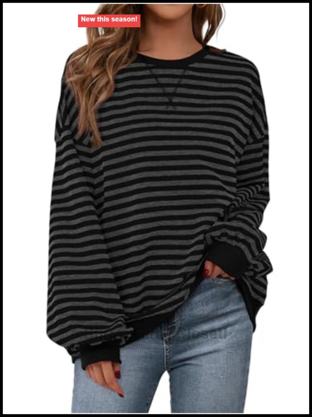 Striped Oversized Crewneck Sweatshirt Cotton Blend Women Long Sleeve